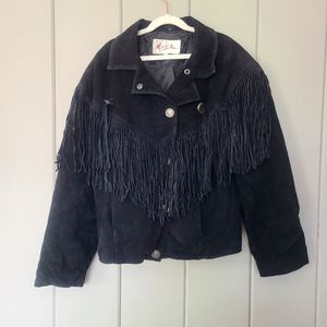 vtg leathersuede fringe riding western rodeo jacket with buffalo nickel buttons